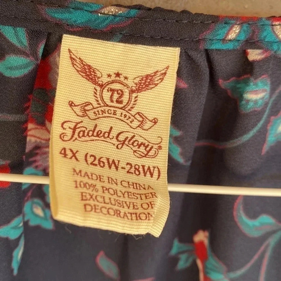 Faded Glory Navy Floral Peasant Lace Up Boho Blouse - Picture 2 of 9